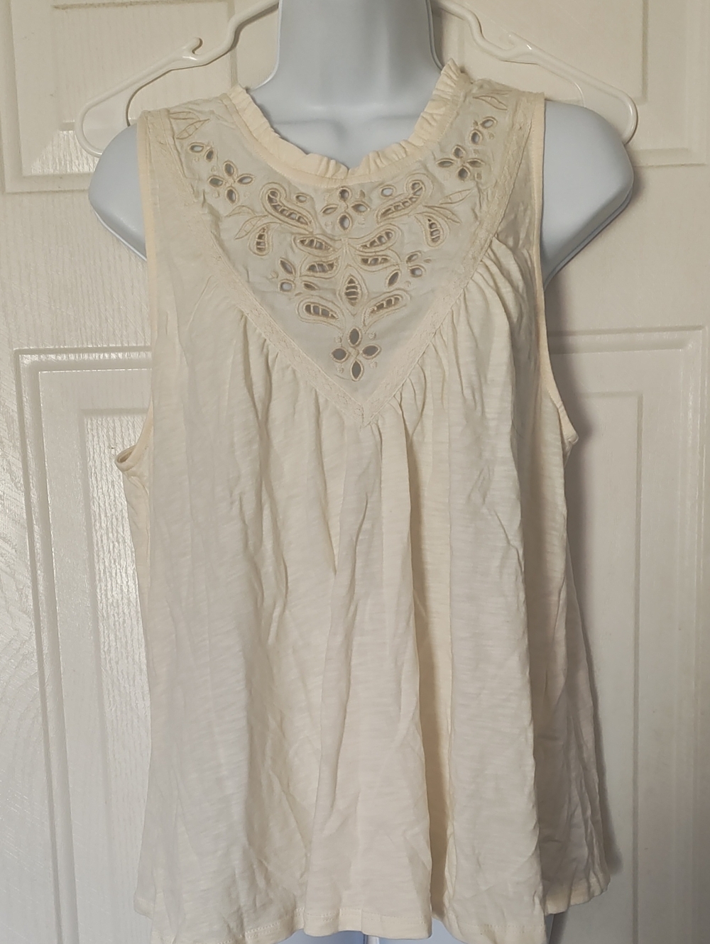 True Craft Cream Embroidered Yoke Sleeveless Tank
